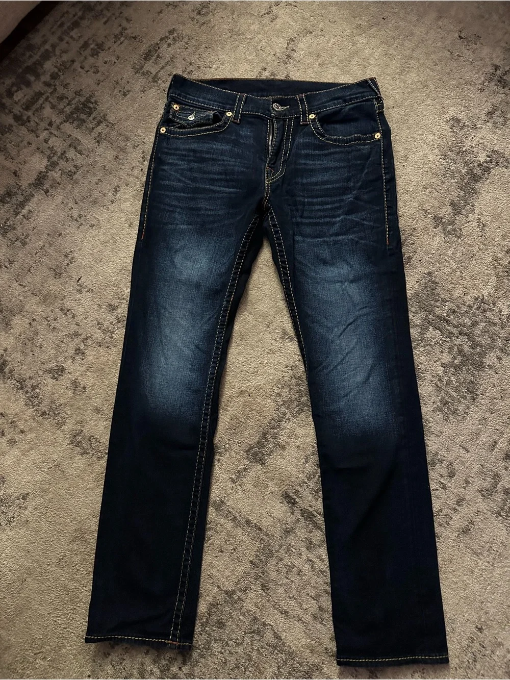 True Religion Men’s Dark Blue Straight Jeans with Contrast Stitching